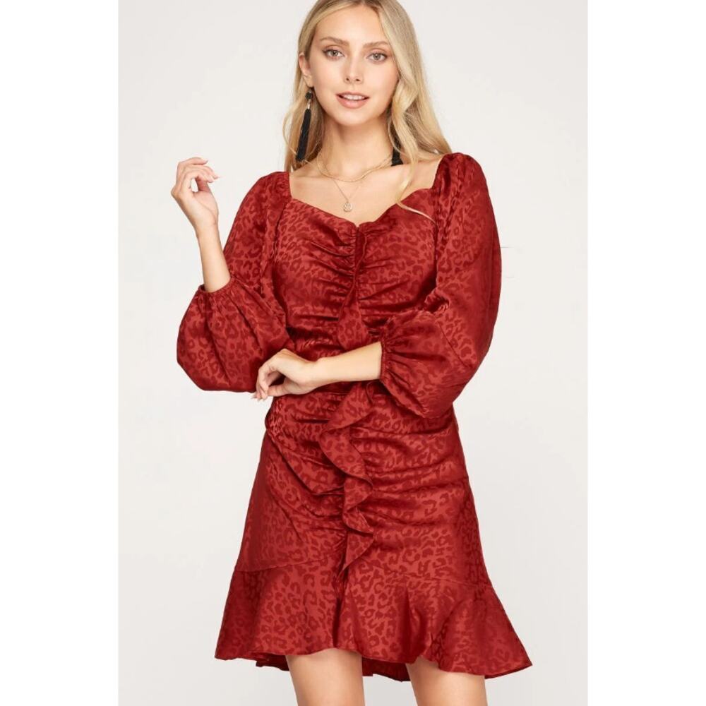 Burgundy Leopard Ruched Ruffle Mini Dress - Picture 1 of 3